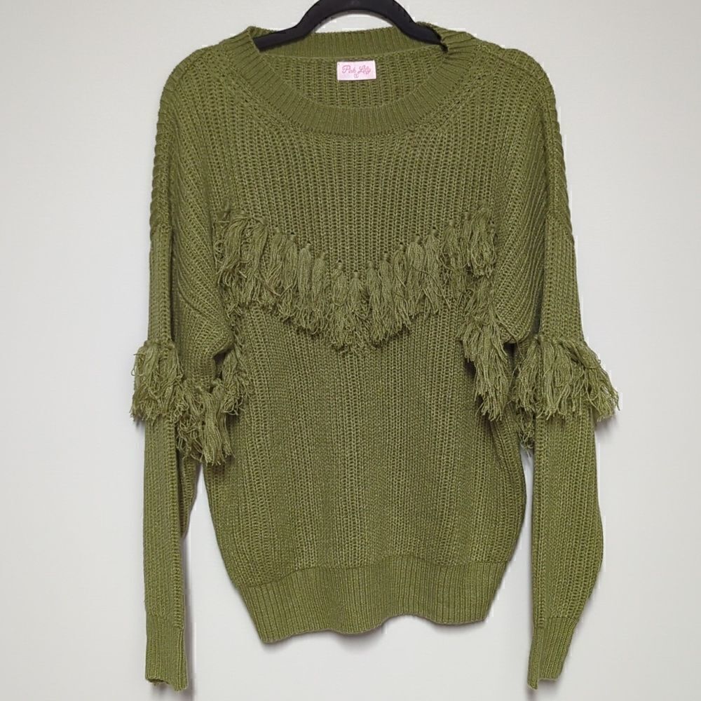 Pink Lily Green Cable Knit Tassel Sweater